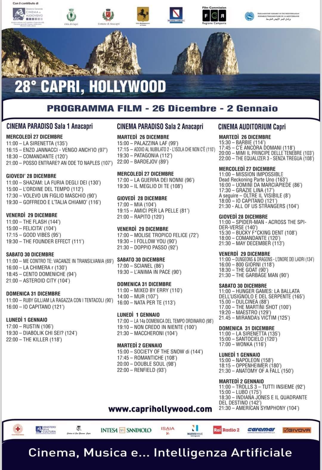 “Capri, Hollywood”: il programma dei film dal 26 dicembre al 2 gennaio