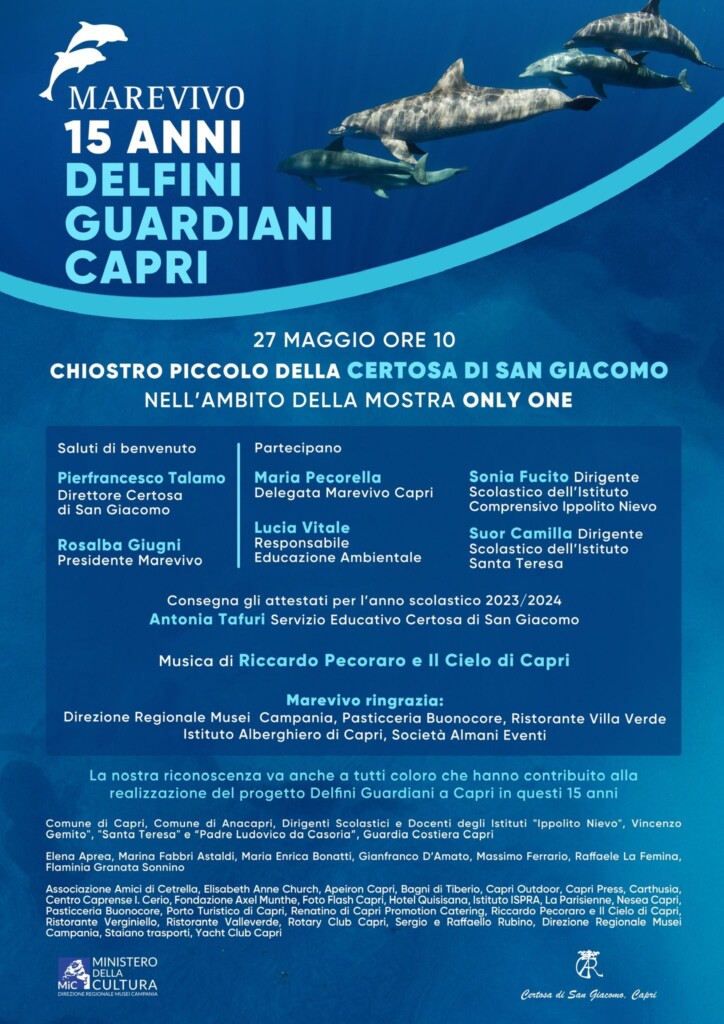 Marevivo: 15 anni dei Delfini Guardiani di Capri, evento alla Certosa