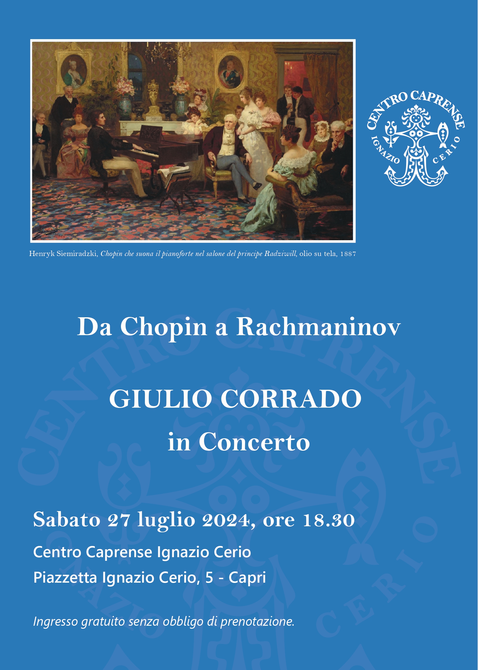 “Da Chopin a Rachmaninov”: il pianista Giulio Corrado in concerto a Palazzo Cerio