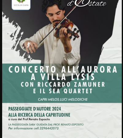 Passeggiata d’autore con Renato Esposito e concerto all’aurora a Villa Lysis con Riccardo Zamuner e il Sea Quartet