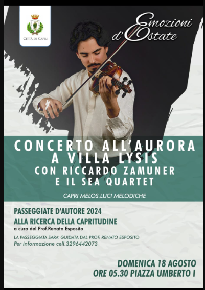 Passeggiata d’autore con Renato Esposito e concerto all’aurora a Villa Lysis con Riccardo Zamuner e il Sea Quartet