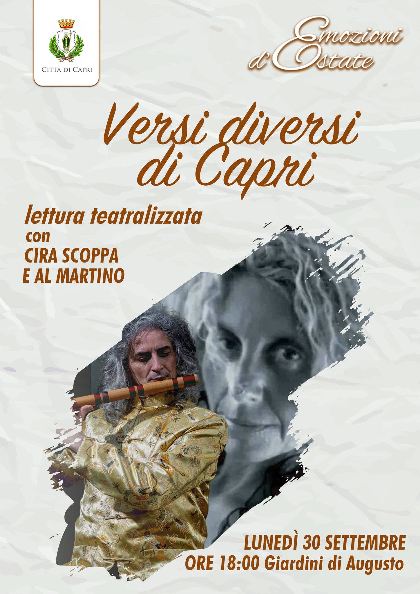 “Versi diversi di Capri”, lettura teatralizzata ai Giardini d’Augusto con Cira Scoppa e Al Martino