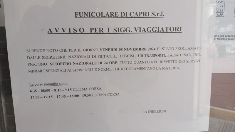 Sciopero del trasporto pubblico: gli orari delle corse garantite dalla funicolare di Capri