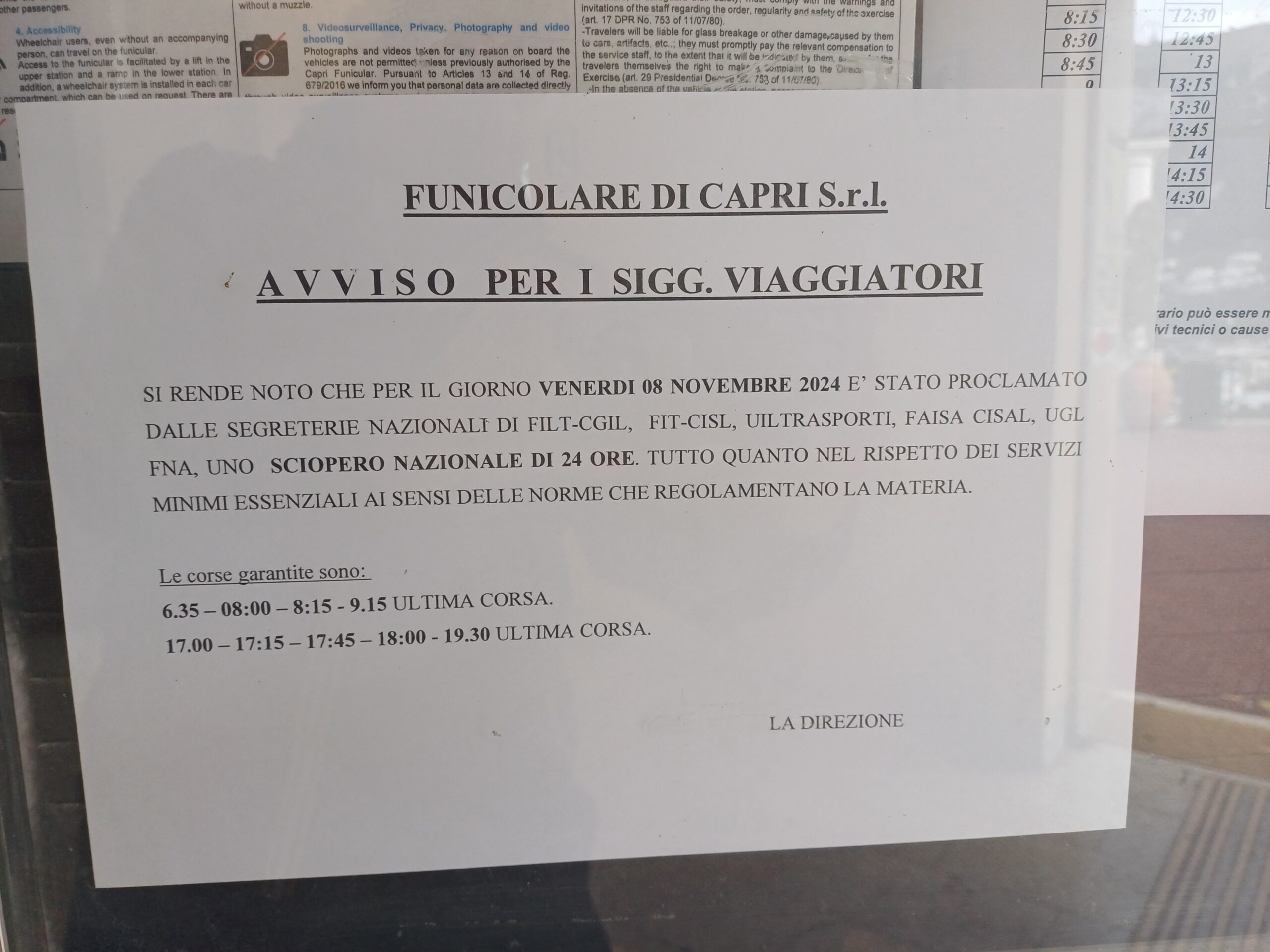 Sciopero del trasporto pubblico: gli orari delle corse garantite dalla funicolare di Capri