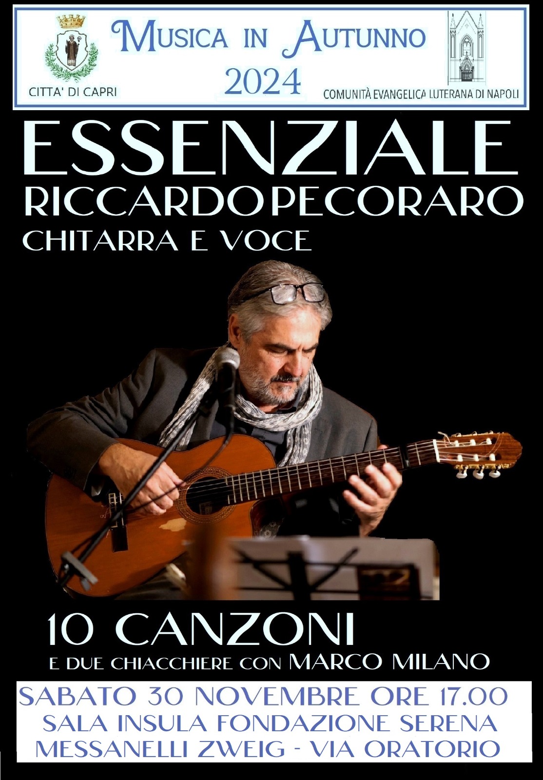 “Essenziale”: Riccardo Pecoraro dieci canzoni e due chiacchiere, chitarra e voce, a Capri alla sala Insula