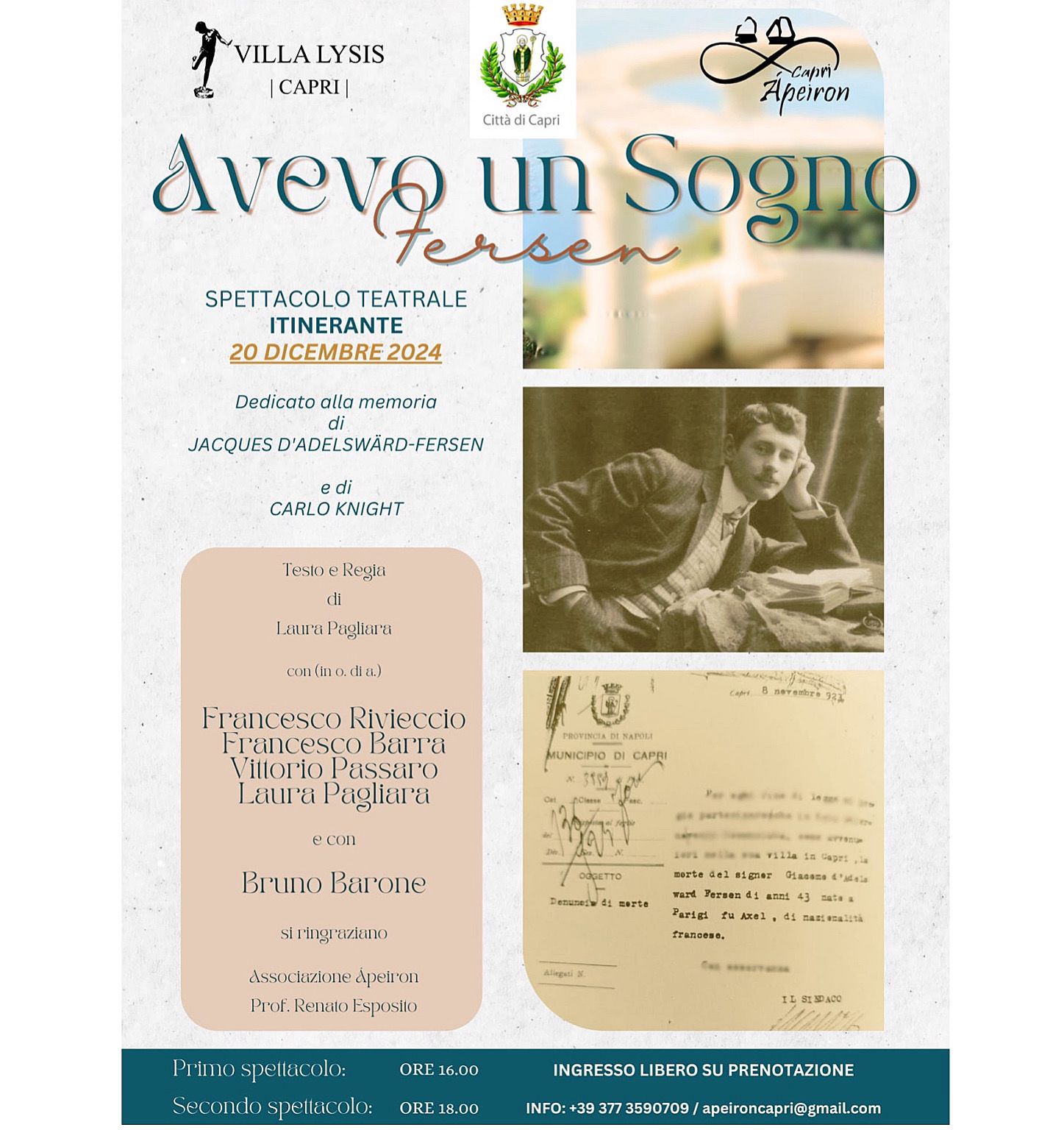 “Avevo un sogno – Fersen”: spettacolo teatrale itinerante a Villa Lysis