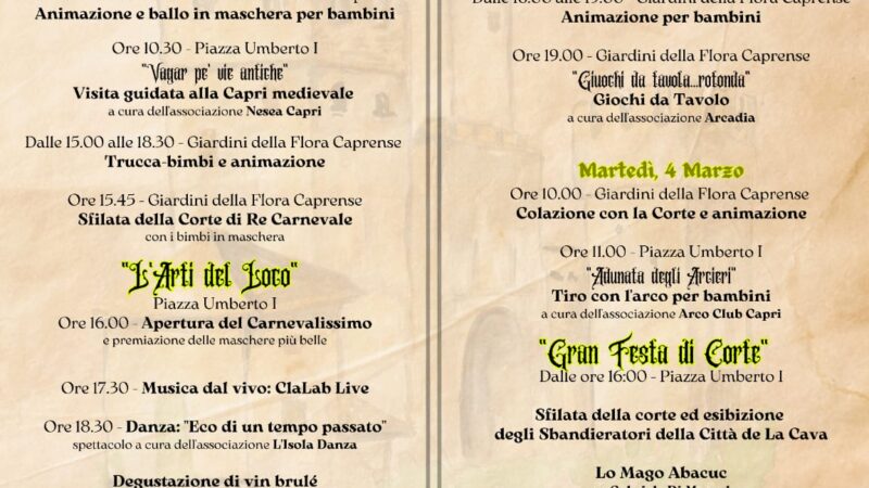 A Capri un Carnevale medievale alla scoperta del mondo: fitto programma di eventi